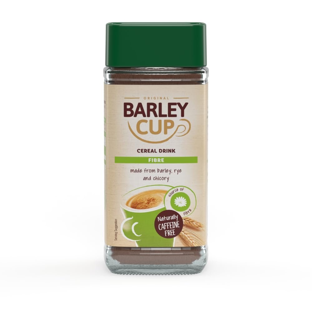 Barleycup Fibre Instant Grain Beverage 100g. High Fibre. Made from the finest roasted grains and chicory roots. Vegan. Free from caffeine and contains no artificial additives