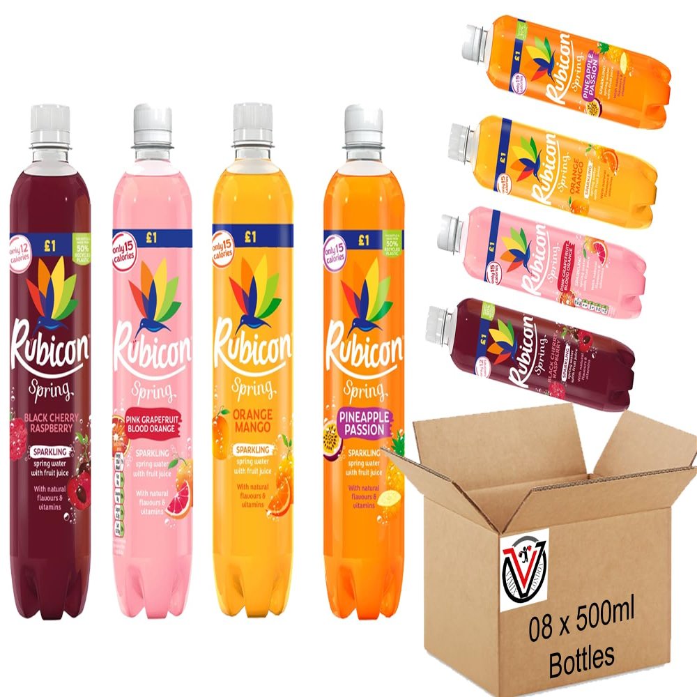 FreshCart Basics Rubicoon Spring Pineapple Passion, Pink Grapefruit Blood Orange, Black Cherry Raspberry, Orange Mango Sparkling Spring Water with Fruit Juice 500ml | 04 Flavour Mixed | 08 x 500ml