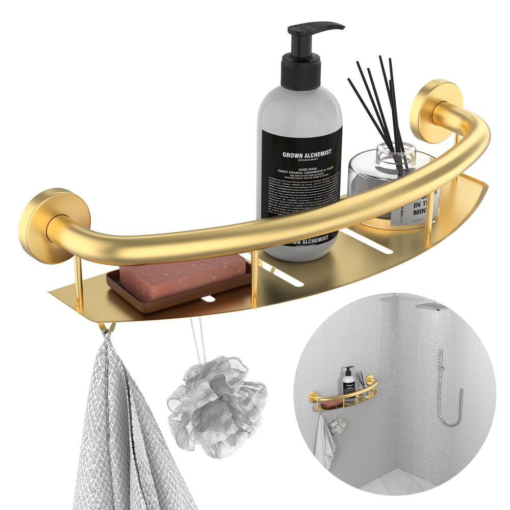 Gold 18-inch Safety Grab Bar with Storage Shelf for Bathtub or Shower, Drainage Holes, Stainless Steel, Wall Mounted Grab Bars for Elderly Injured Balance Support