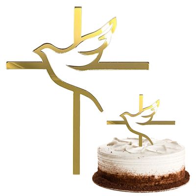 TYGFRT 2 Pieces Cake Decoration Inserts, Cross & Dove Cake Decoration, Christening & Wedding Cake Topper, Gold