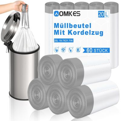 AOMKES Bin Liners 20 L with Drawstring Bin Bags Pack of 60 White Bin Bags with Drawstring Kitchen Waste Bags