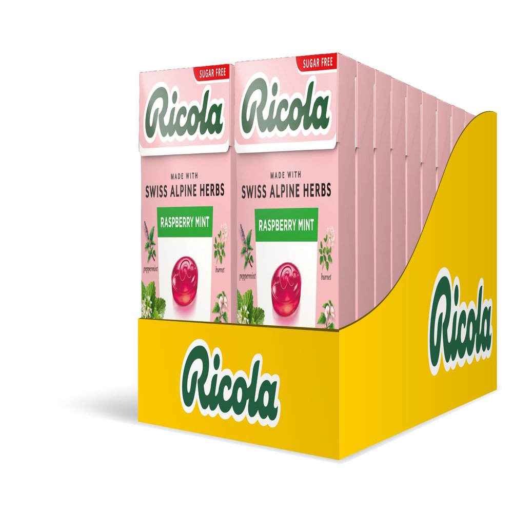 Ricola Raspberry Mint Sugar Free Swiss Herbal Sweets, Herb Drops, Sweet Box 45g - Pack of 20 Boxes