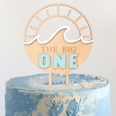 Agkvw The Big One Wood Cake Topper - Sun Wave 1st Birthday Cake Topper, Beach First Birthday Decor, 1 Count, 5x8 inches, Yellow, Blue