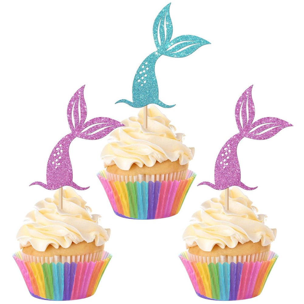 UXYOKM 24Pcs Mermaid Tails Cupcake Toppers Glitter Pink & Blue Mermaid Tails Cupcake Picks Baby Shower Kids Birthday Mermaid Themed Party Cake Decorations Supplies