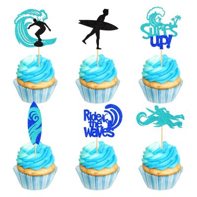 UXYOKM 24Pcs Surfing Cupcake Toppers Blue Glitter Surfer Surfboard Cupcake Picks Surfs Up Ride the Waves Cupake Toppers for Surfing Theme Baby Shower Kids Birthday Party Cake Decorations Supplies