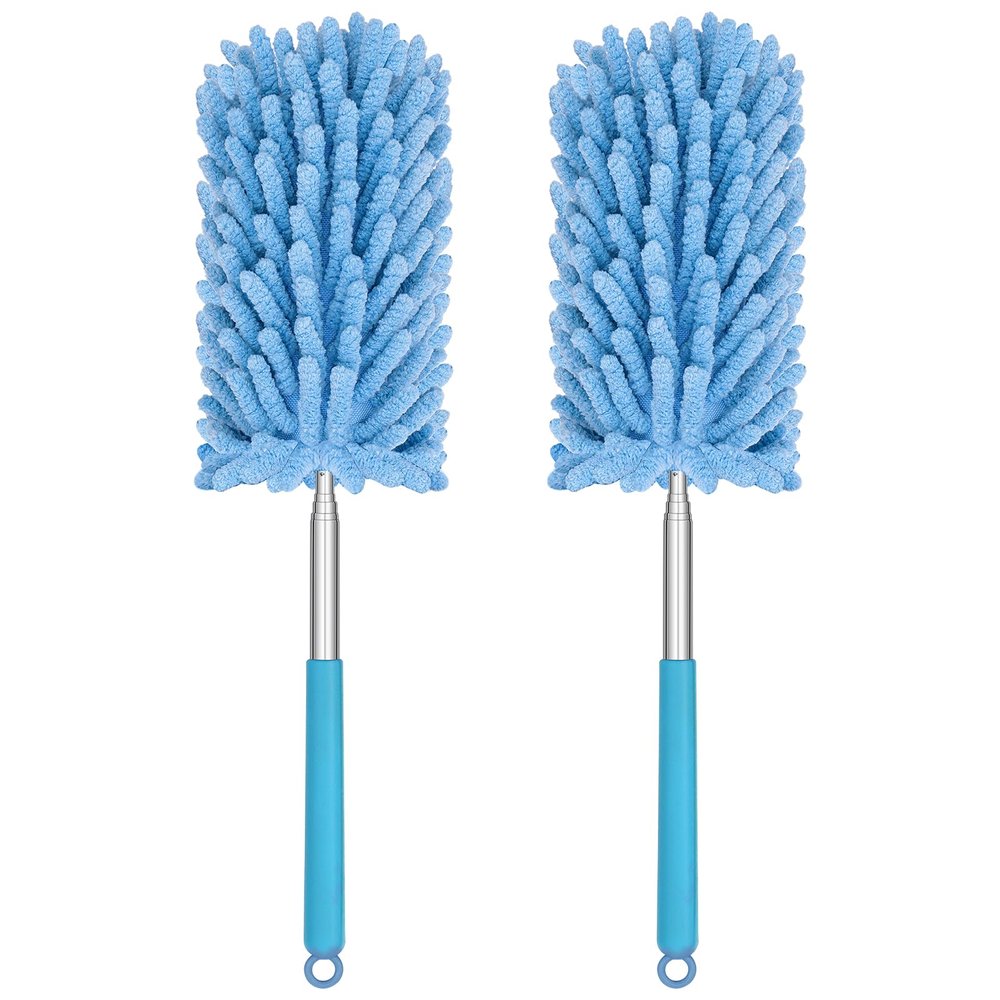 Microfiber Duster for Cleaning, Dusters with Telescoping Extension Pole, Extendable Washable Mini Dusters for Cleaning Supplies Car, Window, Furniture, Office (Blue 2pack)