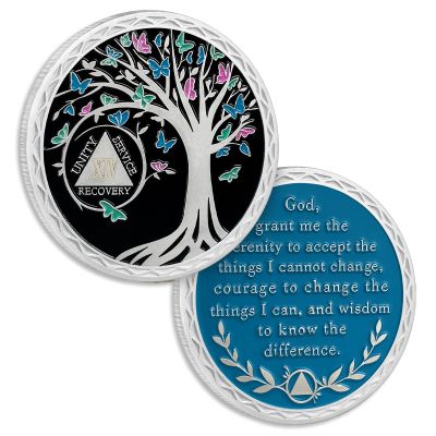 14 Years Sobriety Coin, Butterfly Tree of Life AA Chips and Medallions, Recovery Anniversary Tokens with Serenity Prayer, Sobriety Gifts for Men Women