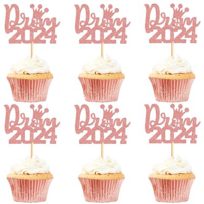 Ercadio 24pcs Prom Cupcake Topper Glitter Rose Gold Graduation Prom Decorations for Party 2024 Prom Graduation Cupcake Topper 2024 Graduation Decorations Prom Party Decorations