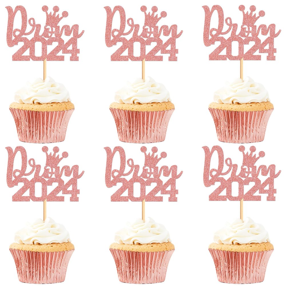 Ercadio 24pcs Prom Cupcake Topper Glitter Rose Gold Graduation Prom Decorations for Party 2024 Prom Graduation Cupcake Topper 2024 Graduation Decorations Prom Party Decorations