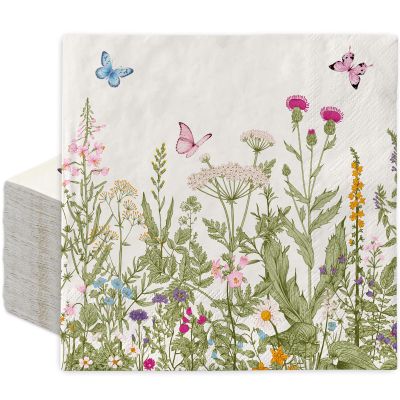 JarThenaAMCS 50Pcs Spring Wild Floral Paper Napkins Green Wildflower Butterfly Disposable Luncheon Napkins Vintage Decorative Dinner Napkin for Bathroom Wedding Birthday Party Baby Shower