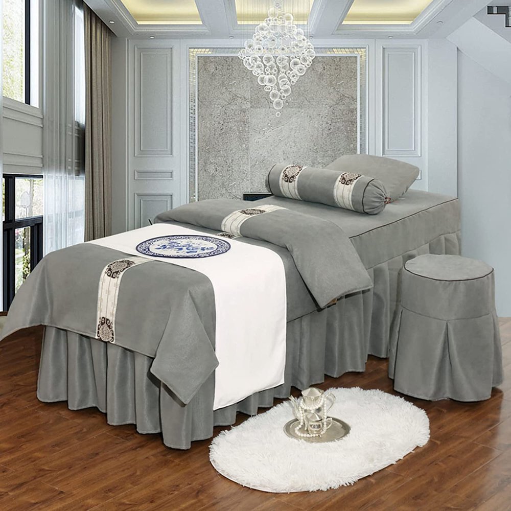 4-Piece Professional Massage Linens Microfiber Massage Table Sheet Set,Solid Color Massage Table Skirt (190x70cm(75x28inch) Green) (190x70cm(75x28inch) Dark Blue) (185x70cm(73x28inch) Silver)