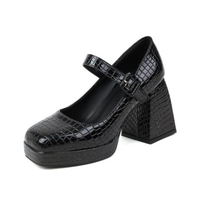 WOkismD Women's Thick Sole Closed Toe Chunk Heels Square Toe Ankle Strap Dress Wedding Party High Heels 9CM,Black,43