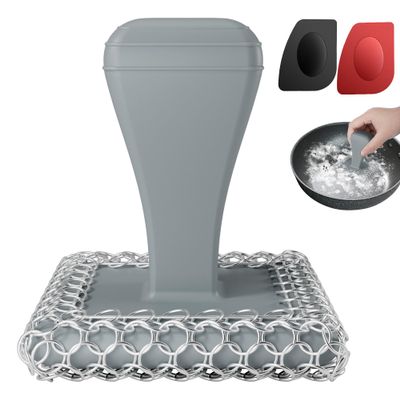 TOPULORS Cast Iron Scrubber Cleaner & 316L Stainless Steel Chainmail Scrubber with 2 Scrapers, Ergonomic Silicone Handle Brush for Pans Skillets Grills Dishes Cleaning - Non-Scratch Rust-Proof - Gray
