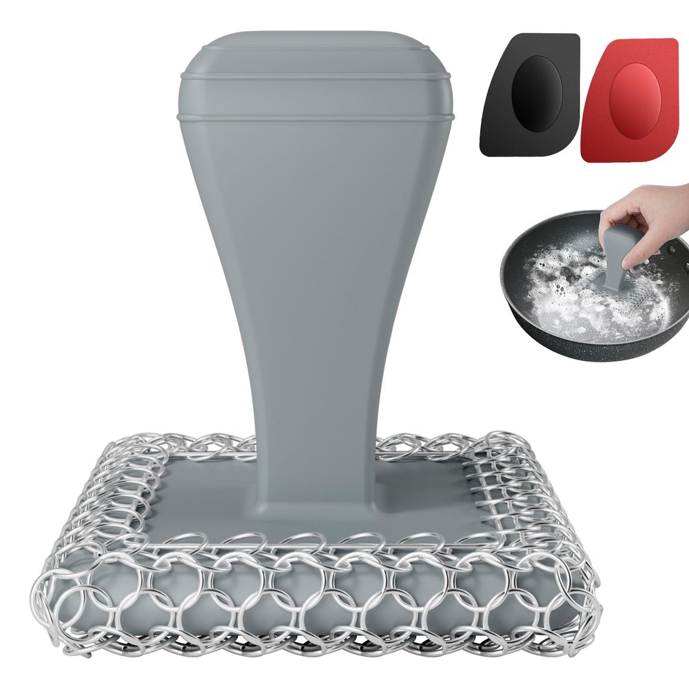 TOPULORS Cast Iron Scrubber Cleaner & 316L Stainless Steel Chainmail Scrubber with 2 Scrapers, Ergonomic Silicone Handle Brush for Pans Skillets Grills Dishes Cleaning - Non-Scratch Rust-Proof - Gray