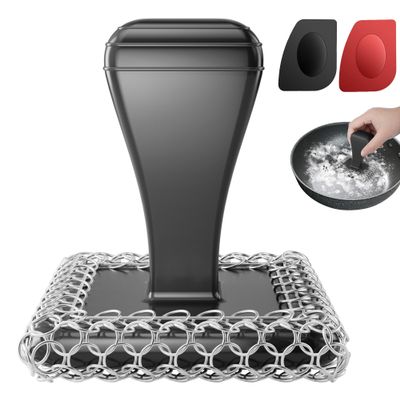 TOPULORS Cast Iron Scrubber & Cleaner Scraper Kit - Upgraded Handle 316L Stainless Steel Chainmail Scrubber for Cast Iron Pans, Dish Scrub Brush Scouring Pad for Cookware Corners Deep Cleaning - Black