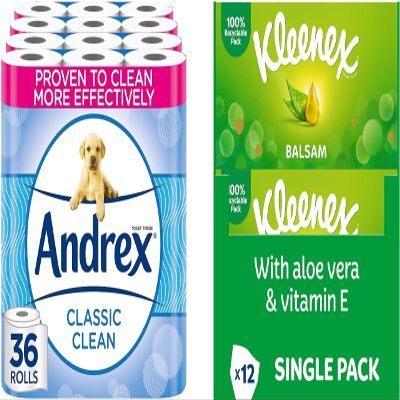 Andrex Classic Clean Toilet Rolls - 36 Toilet Roll Pack and Kleenex Balsam Facial Tissues - Pack of 12 Tissue Boxes