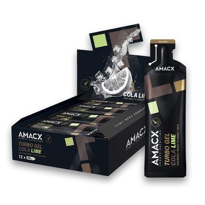 AMACX Turbo Energy Gel for Endurance Athletes with Caffeine, 12 x 60 ml, 200 mg Sodium, 40 g Carbs, Quick-Absorbing Sports Gels (Cola Lime)