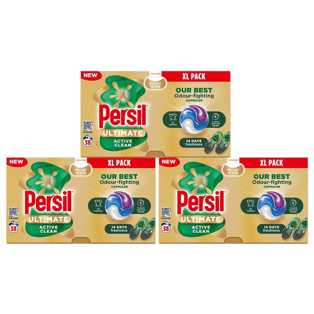 Persil XL Ultimate Washing Capsules Outstanding Stain Removal Even in Quick and Cold Washes Uplifting Comfort Fragrance Recyclable Plastic-Free Packaging, 38 Washes (Buy 3, Active Clean)