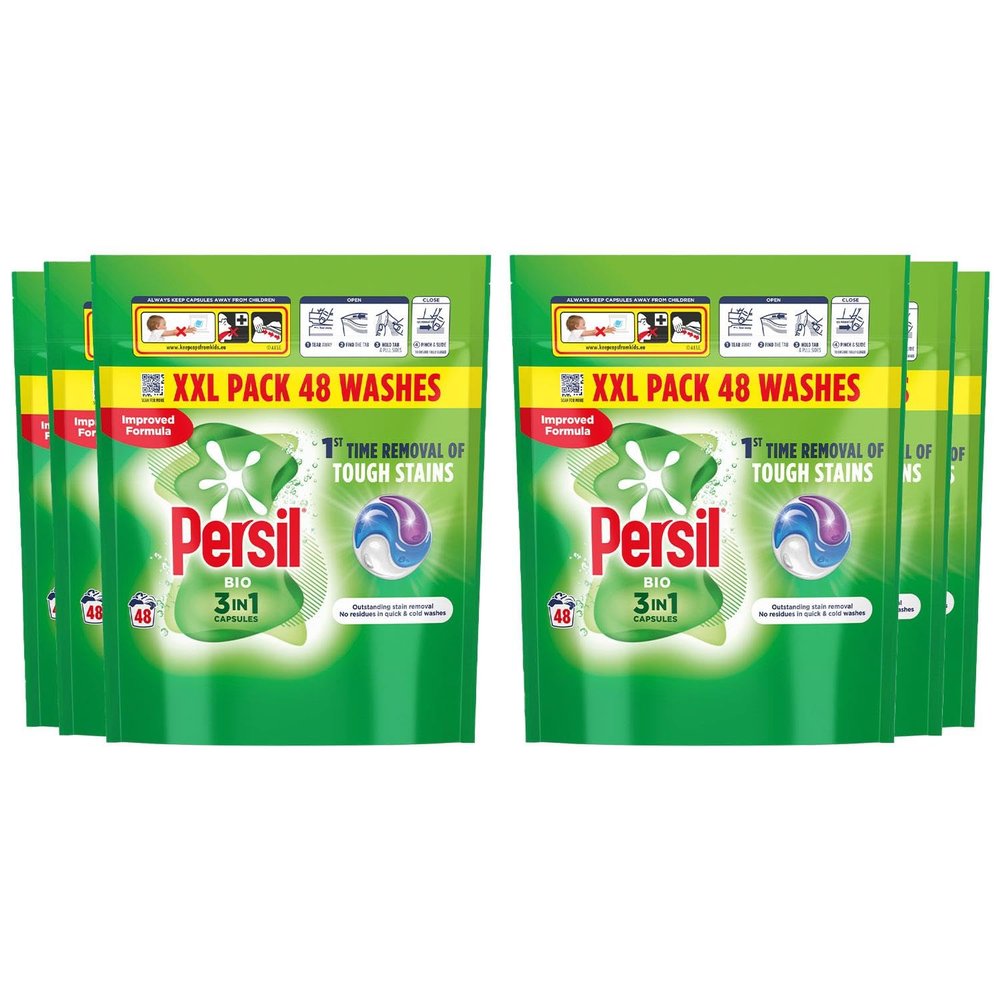 Persil XL 3-in-1 Washing Capsules Outstanding Stain Removal with No Residues Even in Quick and Cold Washes 7 Days of Lasting Freshness Washing Pods 48 Washes (Buy 6, Bio)