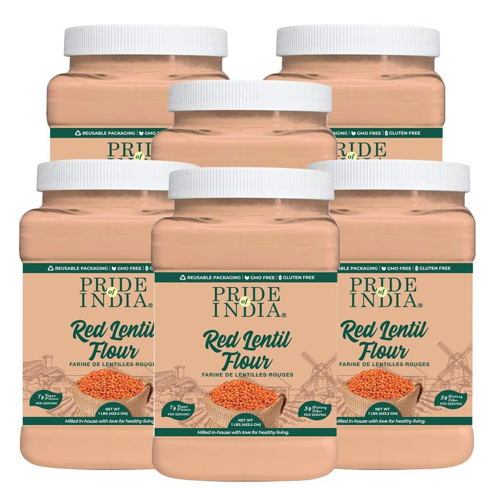 Pride of India - PACK of 6 - Red Lentil Flour 1 lbs (454 gm) Hint of Sweetness Slightly Nutty Earthy Flavor Freshly Milled in Small Batches | Used for Cooking Baking Thickening Coating