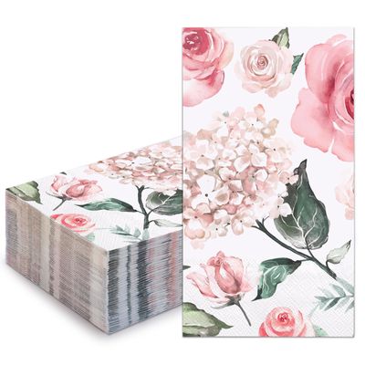 WRAPAHOLIC 50Pcs Floral Napkins - 3-Ply Disposable Paper Guest Napkin, Elegant Pink Floral - 4.3 x 7.9 In
