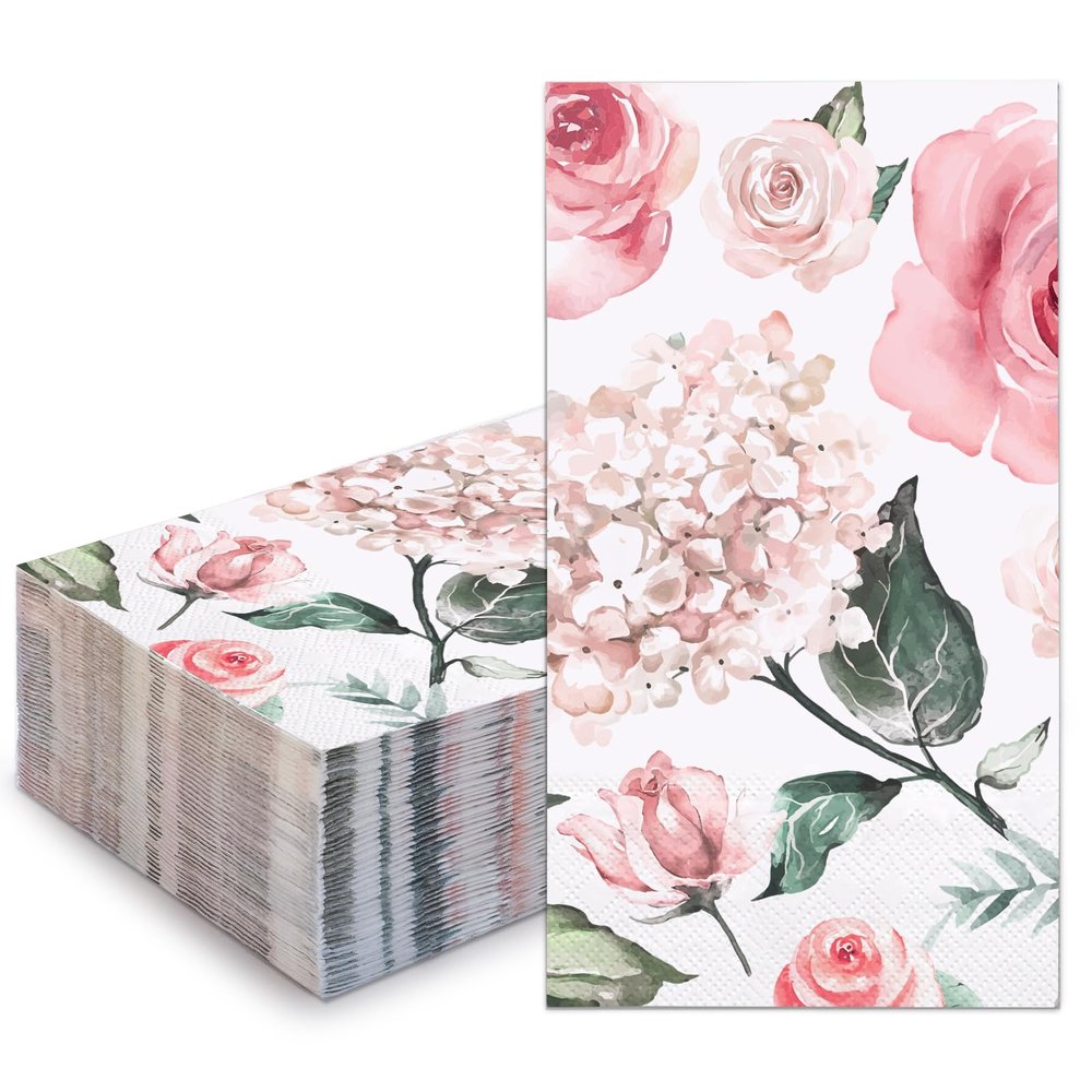 WRAPAHOLIC 50Pcs Floral Napkins - 3-Ply Disposable Paper Guest Napkin, Elegant Pink Floral - 4.3 x 7.9 In