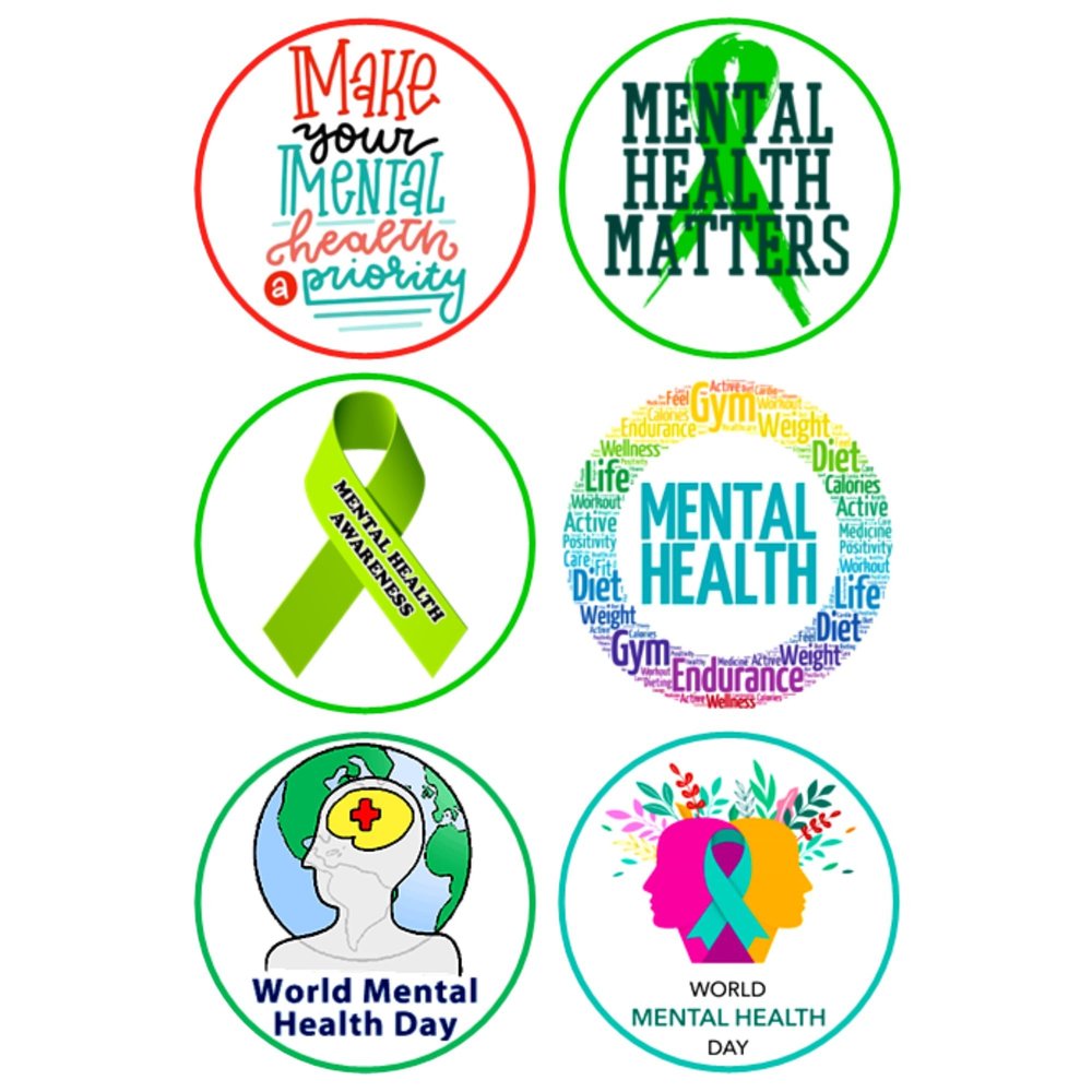 6 x Mental Health Awareness Mix Edible Wafer or Icing Cupcake Topper Fun Charity Party Cake Decorations Perfect For Brownies Cookies Muffins & More! (Premium Icing Sheet)