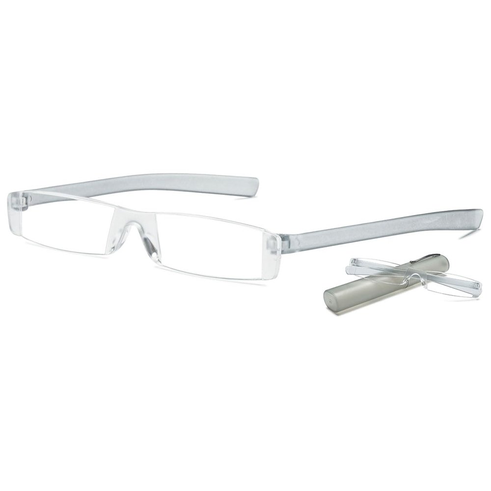 ABETOS Mini Rimless Reading Glasses for Women Men Ultra-Light Frameless Pocket Readers Fashion Cute Compact Eyeglasses with Portable Tube Case, Grey 3.0