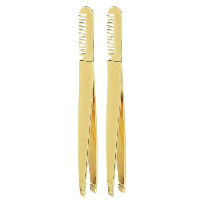 2pcs Stainless Steel Double Ended Tweezer Comb, Golden, Brow Shaping with Comb