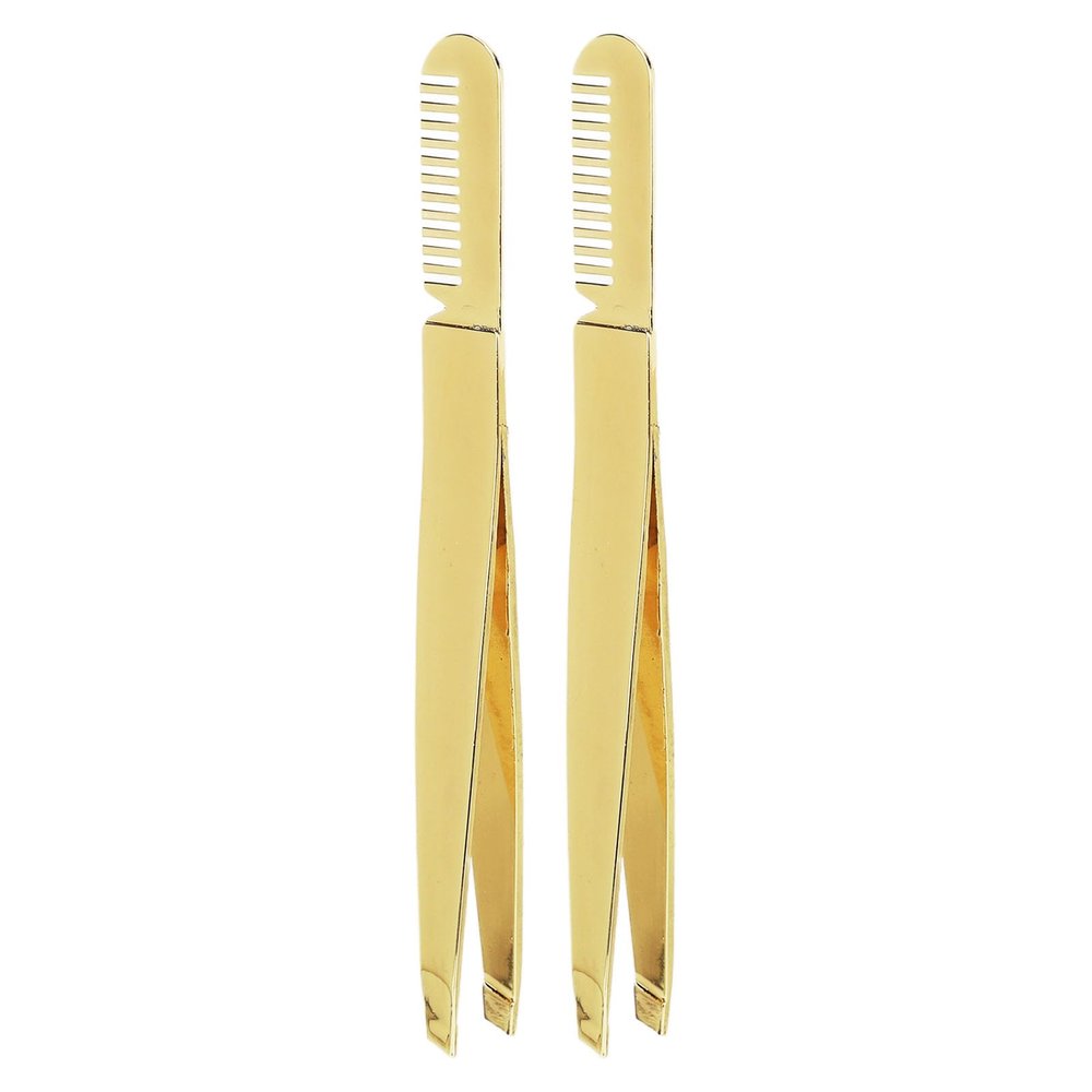 2pcs Stainless Steel Double Ended Tweezer Comb, Golden, Brow Shaping with Comb