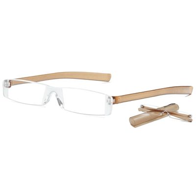 ABETOS Mini Rimless Reading Glasses for Women Men Ultra-Light Frameless Pocket Readers Fashion Cute Compact Eyeglasses with Portable Tube Case, Brown 2.0