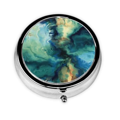 Abstract Marbled Ocean Navy Blue Teal Green, Pill Box Round Pill Case for Pocket Or Purse Small Pill Container Travel Pill Organizer