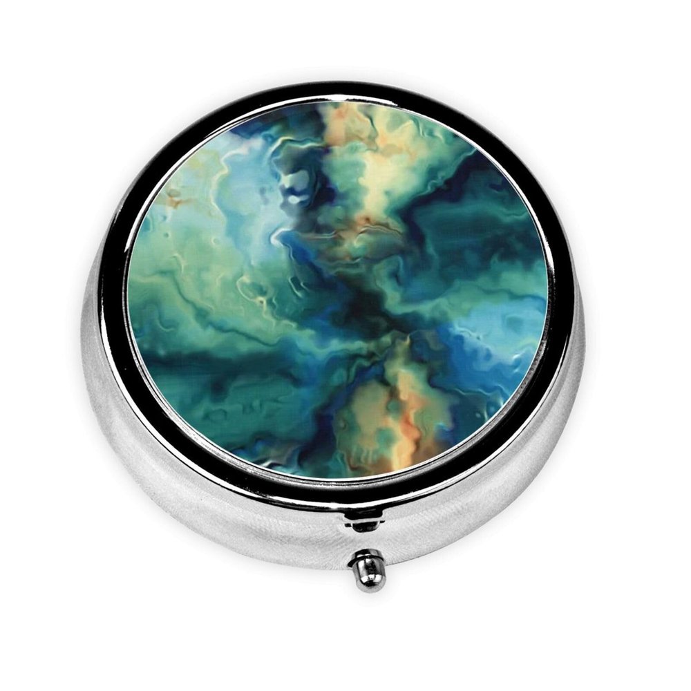 Abstract Marbled Ocean Navy Blue Teal Green, Pill Box Round Pill Case for Pocket Or Purse Small Pill Container Travel Pill Organizer
