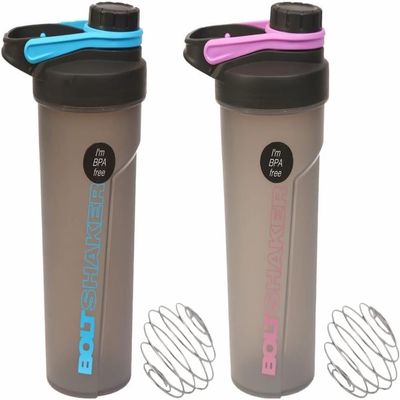 (Set of 2) Protein Shaker Bottle 700 ML Shaker Cup with Stainless Steel Mixer Ball Leakproof Sports Water Bottle Mix Drinking Bottle Secure Drink for Fitness Sports Gym & Travel - Blue & Pink