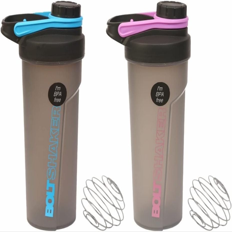 (Set of 2) Protein Shaker Bottle 700 ML Shaker Cup with Stainless Steel Mixer Ball Leakproof Sports Water Bottle Mix Drinking Bottle Secure Drink for Fitness Sports Gym & Travel - Blue & Pink