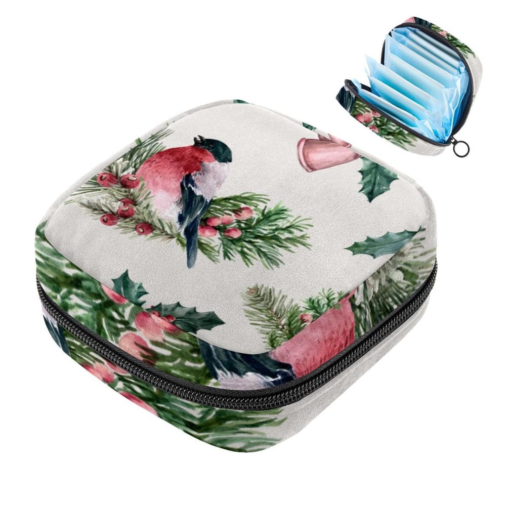 Sanitary Napkin Storage Bag, Portable Menstrual Cup Pouch, First Period Bag for Women Girls, Winter Bloom with Bird Zipper Menstruation Padded Purser