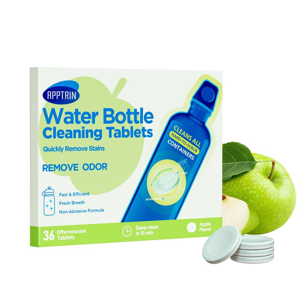 APPTRIN Water Bottle Cleaning Tablets, Bottle Clean Tablet Pack of 36, Cleansing Tablets for All Plastics and Glass Drinking Containers,Individually Packed,Apple