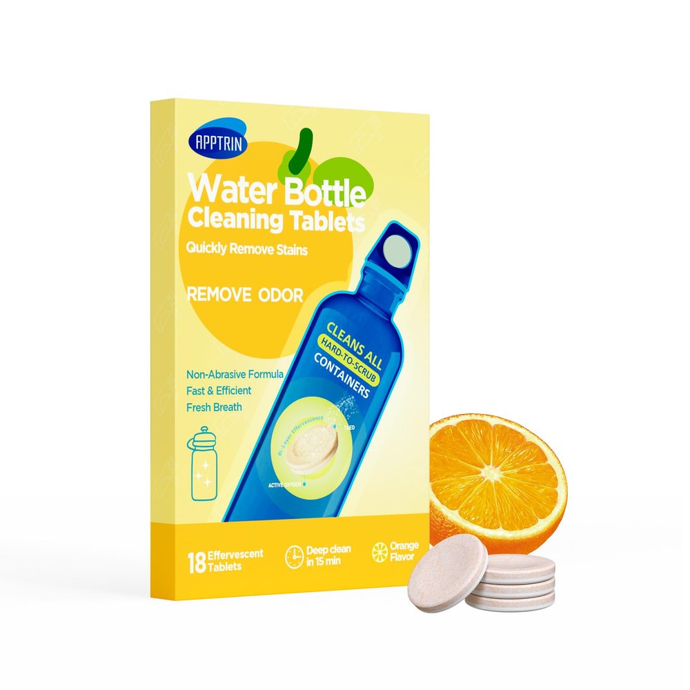 APPTRIN Water Bottle Cleaning Tablets, Bottle Clean Tablet Pack of 18, Cleansing Tablets for All Plastics and Glass Drinking Containers,Individually Packed,Orange