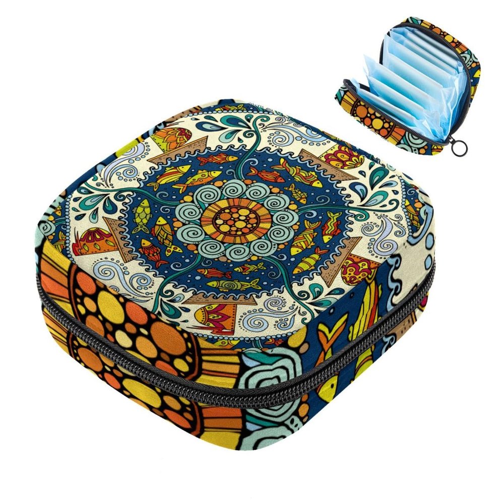 Abstract Mandala Colourful First Period Kit for Girls, Tampon Pantyliners Menstrual Purse, Nursing Pad Holder with Zipper, Sanitary Collect Napkin Bag Organizer