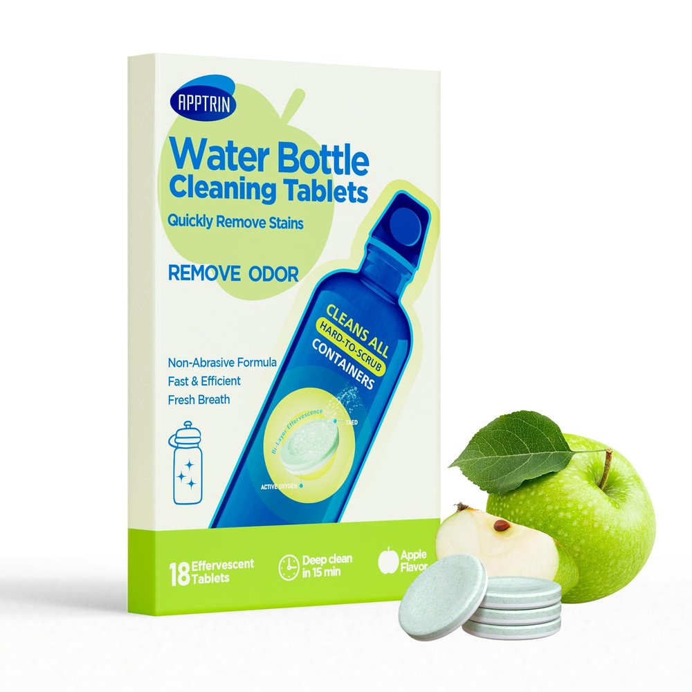 APPTRIN Water Bottle Cleaning Tablets, Bottle Clean Tablet Pack of 18, Cleansing Tablets for All Plastics and Glass Drinking Containers,Individually Packed,Apple