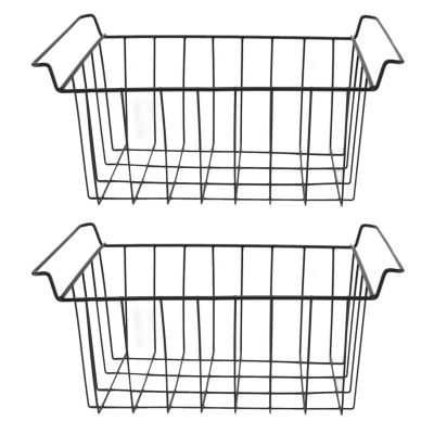 Freezer Wire Storage Organizer Baskets, 2 Pcs Freezer Wire Storage Basket PE Coated Hanging Rack Organizer Bin Black for Refrigerator Shelves(L 47.5cm X W 24.5cm X H 20cm)