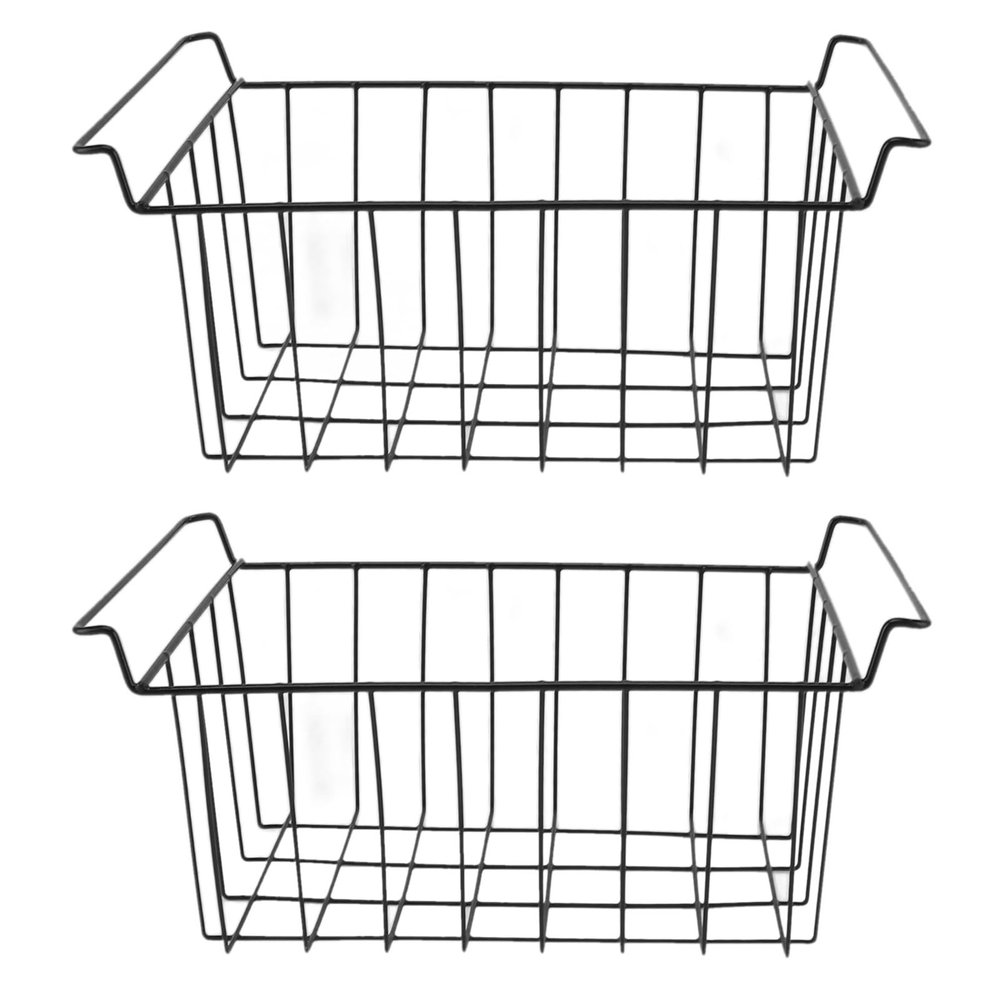 Freezer Wire Storage Organizer Baskets, 2 Pcs Freezer Wire Storage Basket PE Coated Hanging Rack Organizer Bin Black for Refrigerator Shelves(L 47.5cm X W 24.5cm X H 20cm)