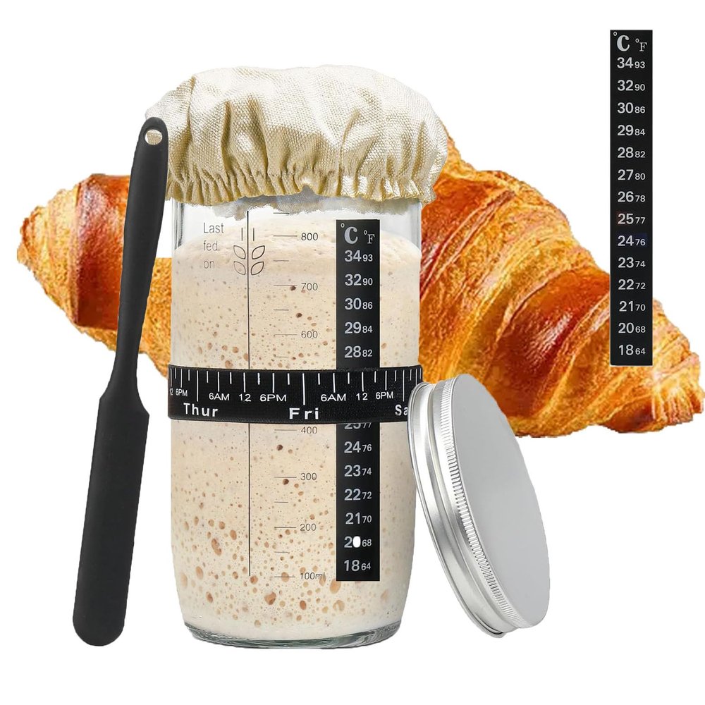 DLULTEP Sourdough Bread Starter Kit with Jar, 34 Oz, 1000 ml Glass Round Jar with Date Feeding Band, Thermometer, Cloth Cover and Metal Lid, Easy to Use and Clean