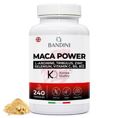 Bandini MACA Power 240 Vegan Capsules, High Strength Black Maca + Arginine Kyowa + Tribulus + Vitamin C + Zinc + B6 + B12 + Selenium - Physical & Mental Tiredness, Pre Workout, Energy, Non-GMO