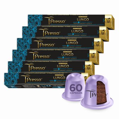 Tpresso Premium Organic Lungo Coffee Capsules, Compatible with Nespresso Capsule Machines, 60 Industrial Compostable Coffee Capsules, Made in Switzerland