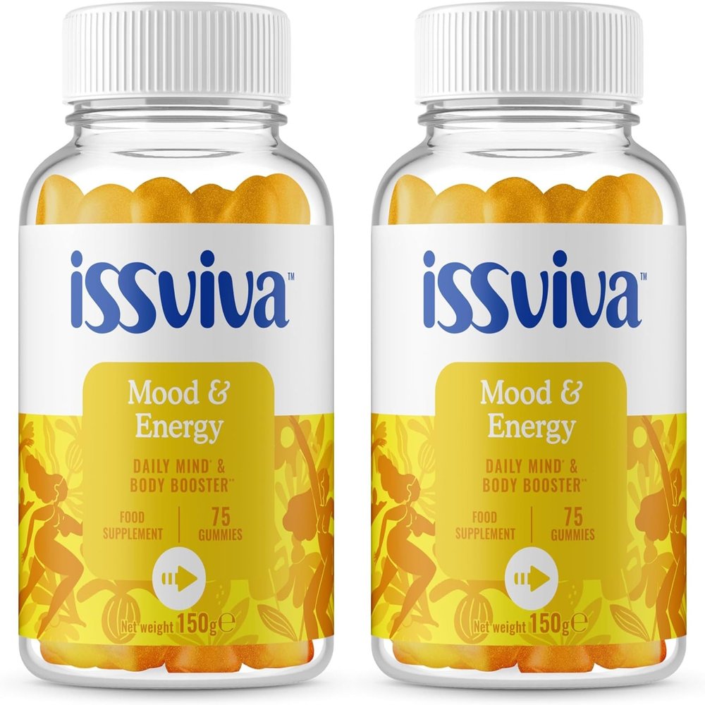 Issviva Mood & Energy Gummies  Vitamins B1, B2, B6, B12, Iodine & Vitamin C  Orange Flavor  Menopause Support for Energy, Mood & Focus  300g (Twin-Pack)