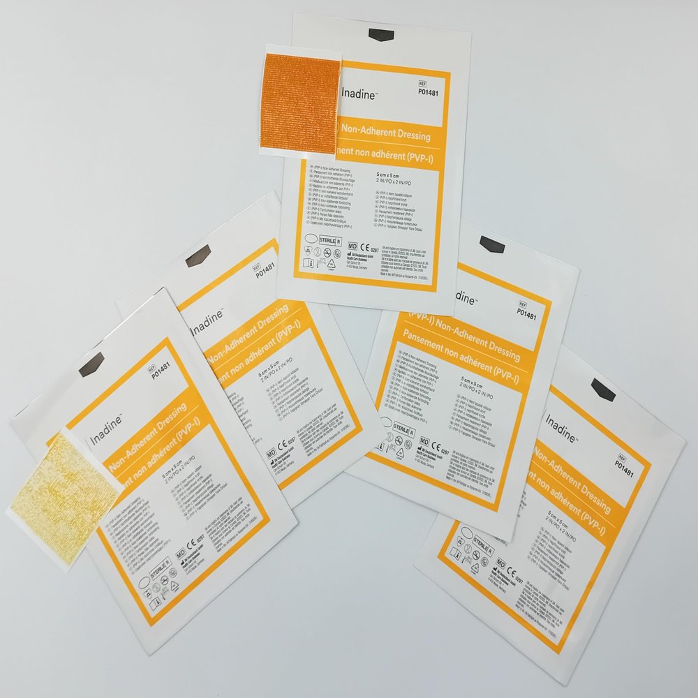 Pack of 5 Inadine Dressings 5cm x 5cm Antiseptic Non-Adherent Pads for Wound Care & Infection Prevention | Iodine-Impregnated Wound Dressings