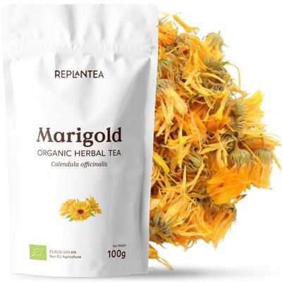 Marigold Tea Organic 100g (50 Cups) | Organic Calendula Petals | Dried Loose Leaf Flowers of Calendula officinalis REPLANTEA