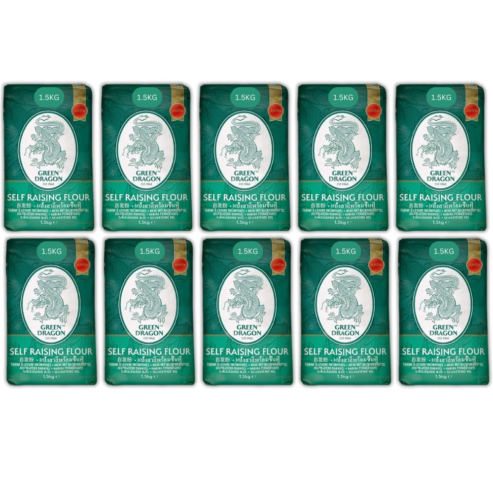 10x1.5kg Green Dragon Thai Self Raising Flour for Baking Mantou, Chinese Pancakes, Dumplings, Steamed Buns
