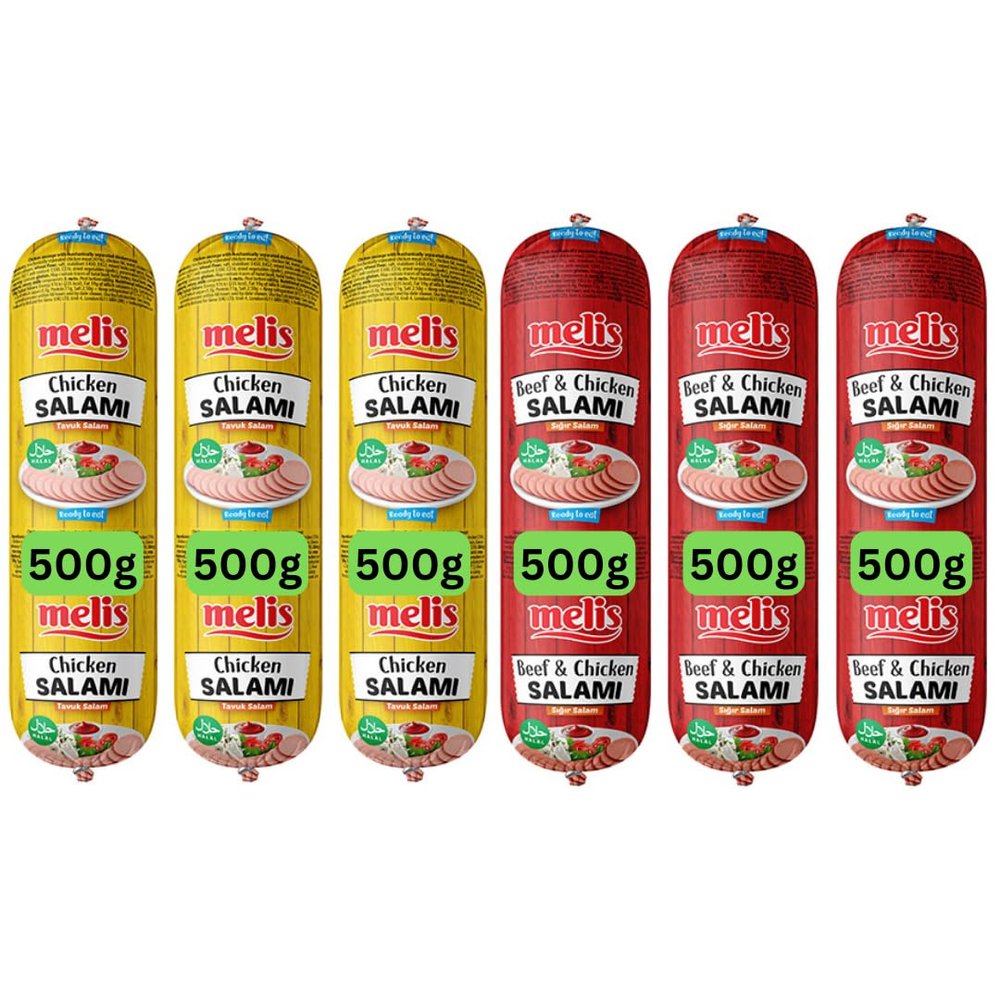 Salami Large Size, Ready to eat - Halal Certified Chicken/Beef and Chicken Salami, Random Flavors (6x500g)